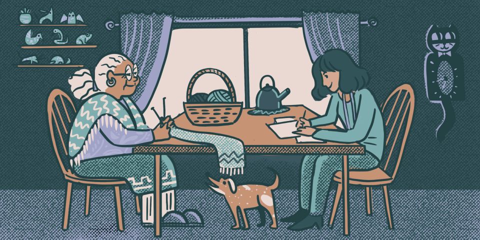 artistic rendering of older person sitting at a table with a younger person while older person knits and younger person writes on papers and a dog stands under the table